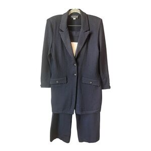 St.John Black Santana Knit Beaded Suit Set Including Longline Blazer and Pants
